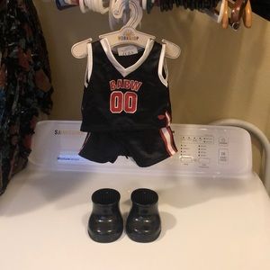 BAB basket ball out fit on hanger and shoes.